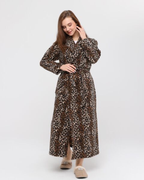 Likapa Uzun Şal Yaka Polar Sabahlık 226 Kahve Leopar - L