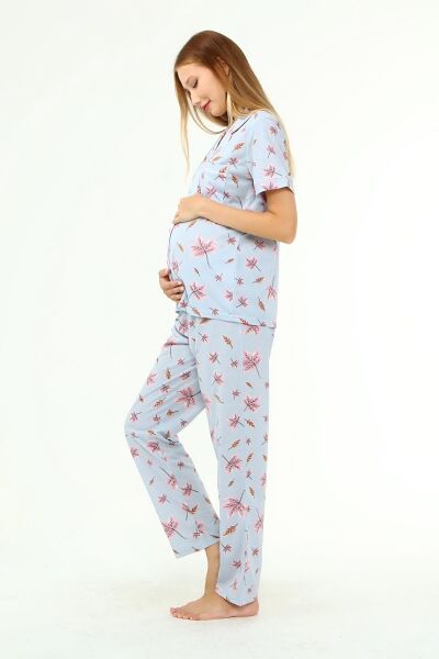 Likapa Penye Önden Düğmeli Hamile Lohusa KISA KOL PİJAMA TAKIMI ,%100 Cotton MAVİ YAPRAK - 2XL