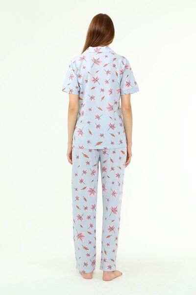 Likapa Penye Önden Düğmeli Hamile Lohusa KISA KOL PİJAMA TAKIMI ,%100 Cotton MAVİ YAPRAK - 2XL