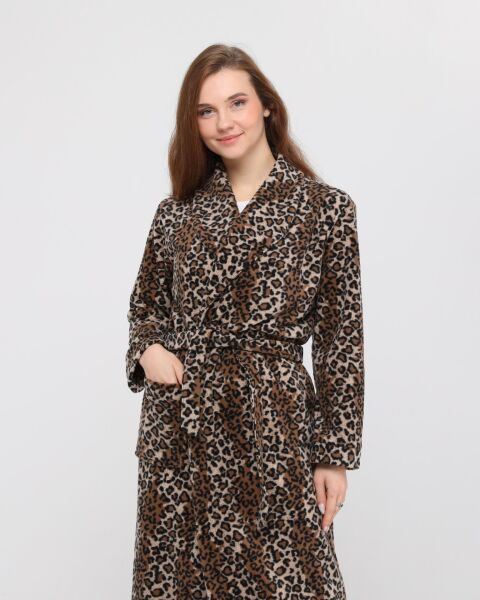 Likapa Uzun Şal Yaka Polar Sabahlık 226 Kahve Leopar - XL