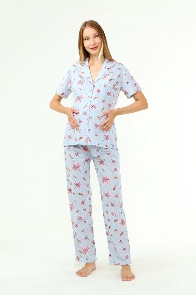 Likapa Penye Önden Düğmeli Hamile Lohusa KISA KOL PİJAMA TAKIMI ,%100 Cotton MAVİ YAPRAK - 3XL