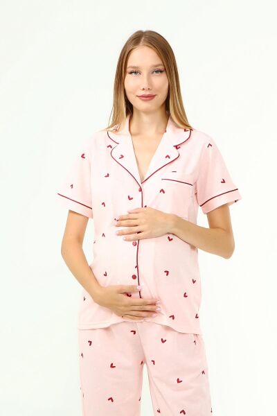 Likapa Penye Önden Düğmeli Hamile Lohusa KISA KOL PİJAMA TAKIMI ,%100 Cotton BORDO KALP - 2XL