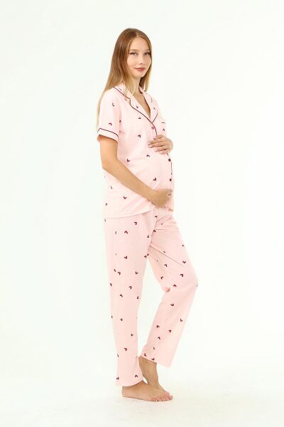 Likapa Penye Önden Düğmeli Hamile Lohusa KISA KOL PİJAMA TAKIMI ,%100 Cotton BORDO KALP - 2XL