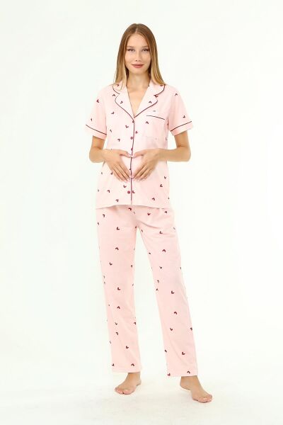 Likapa Penye Önden Düğmeli Hamile Lohusa KISA KOL PİJAMA TAKIMI ,%100 Cotton BORDO KALP - 3XL