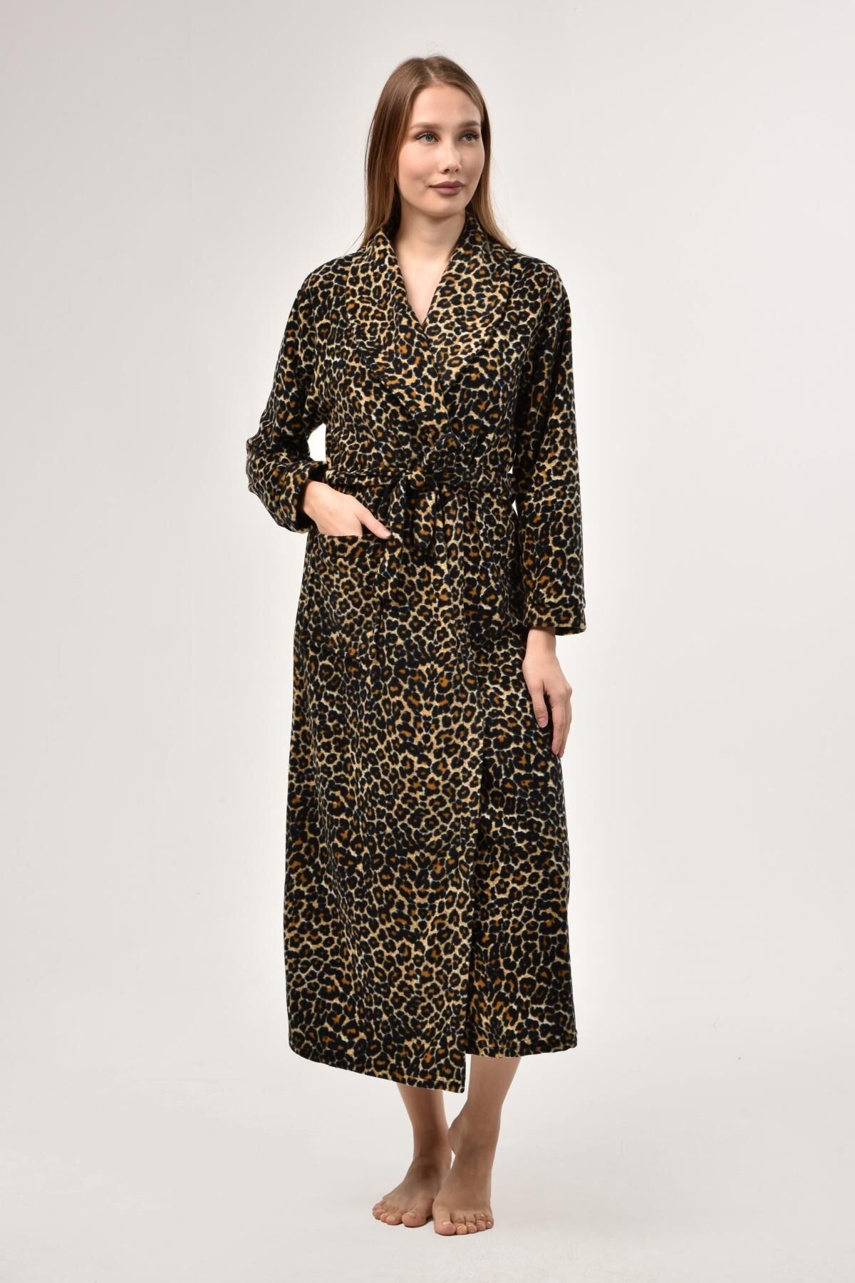 Likapa Uzun Şal Yaka Polar Sabahlık 226 Sarı Leopar - XL