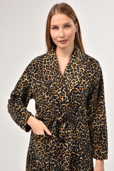 Likapa Uzun Şal Yaka Polar Sabahlık 226 Sarı Leopar - 2XL