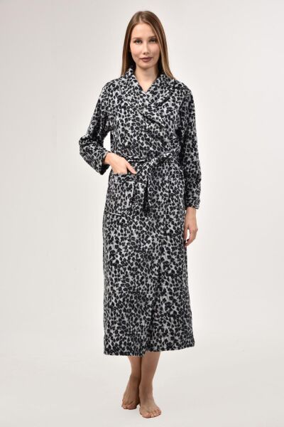 Likapa Uzun Şal Yaka Polar Sabahlık 226 Baskılı Gri Leopar - XL
