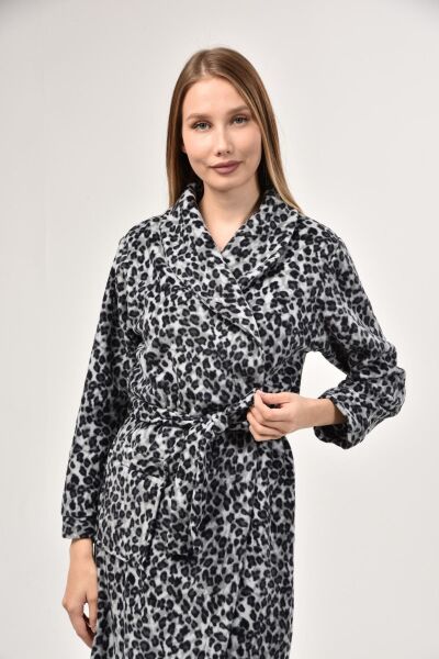 Likapa Uzun Şal Yaka Polar Sabahlık 226 Baskılı Gri Leopar - XL