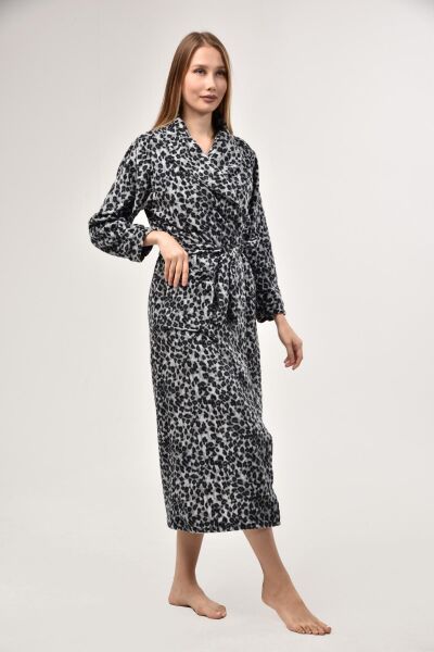 Likapa Uzun Şal Yaka Polar Sabahlık 226 Baskılı Gri Leopar - XL