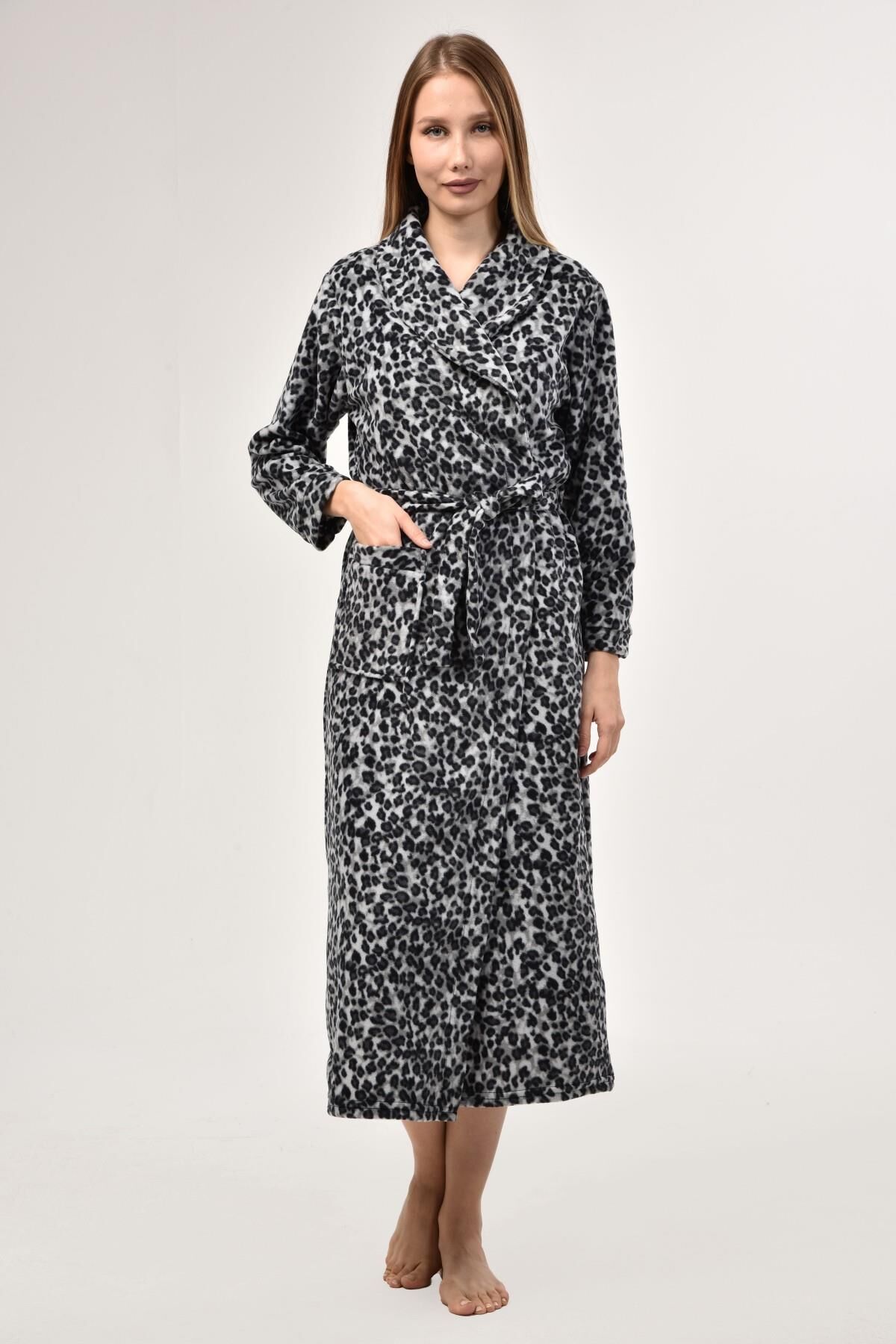 Likapa Uzun Şal Yaka Polar Sabahlık 226 Baskılı Gri Leopar - 2XL