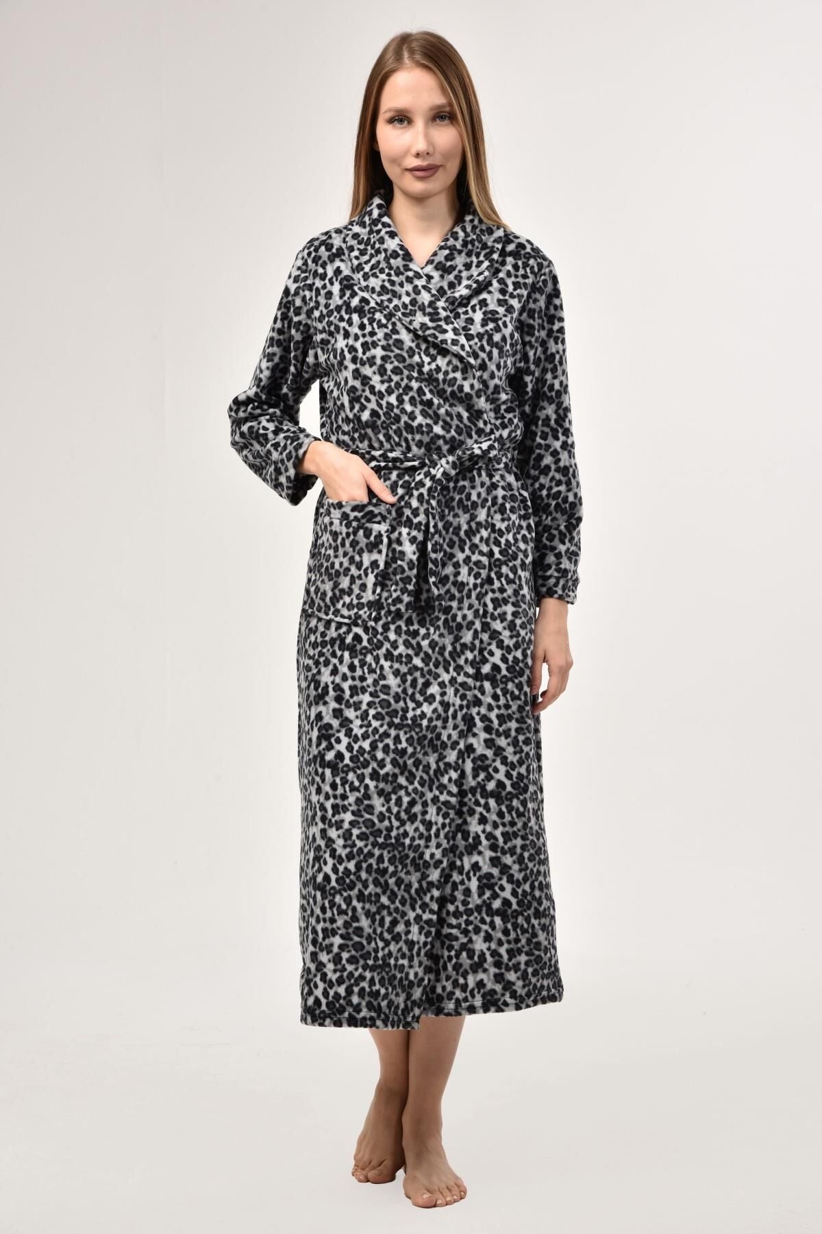 Likapa Uzun Şal Yaka Polar Sabahlık 226 Baskılı Gri Leopar - 2XL