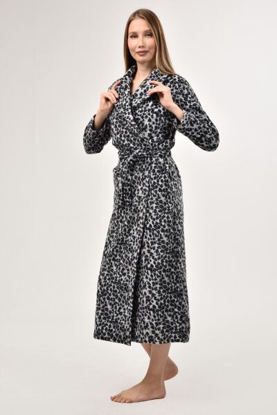 Likapa Uzun Şal Yaka Polar Sabahlık 226 Baskılı Gri Leopar - 2XL