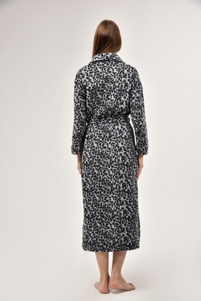 Likapa Uzun Şal Yaka Polar Sabahlık 226 Baskılı Gri Leopar - 2XL