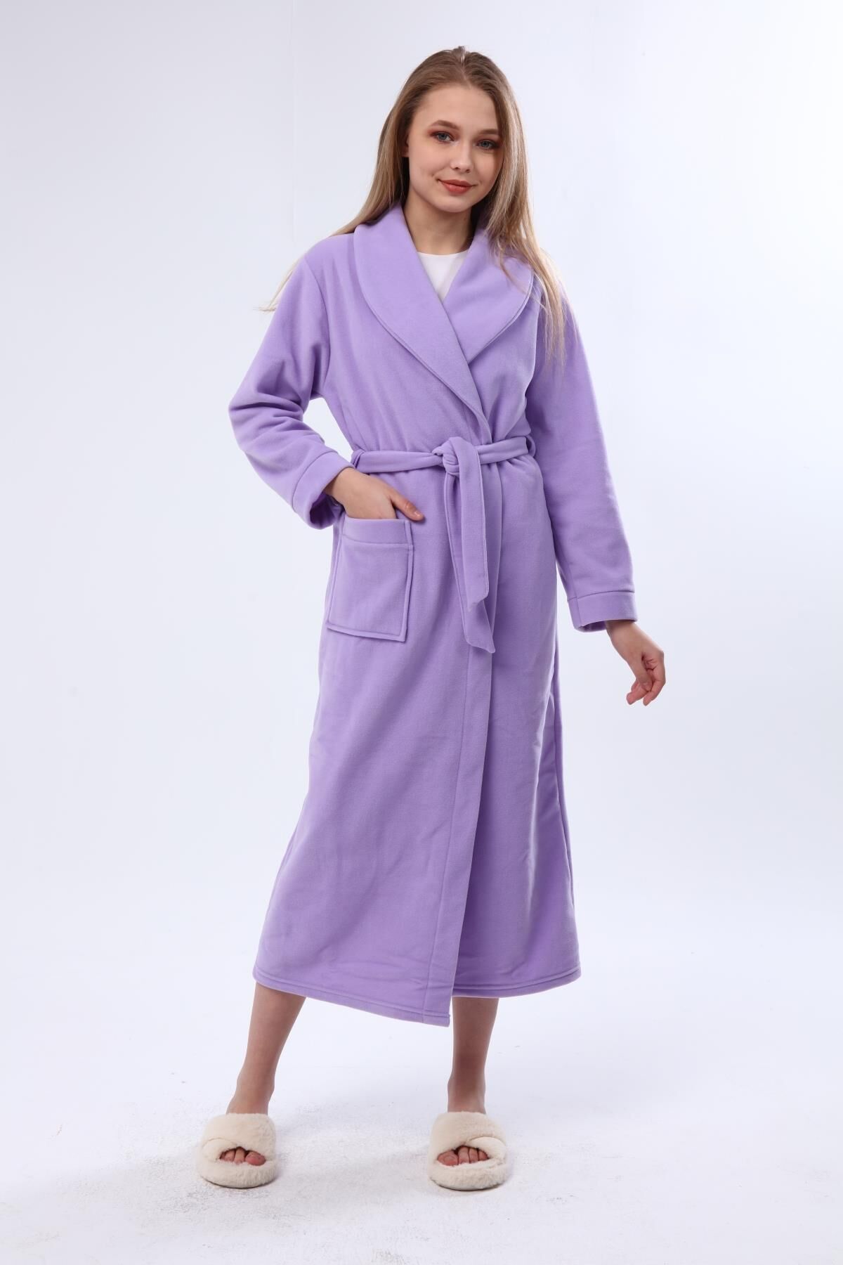 Likapa Uzun Şal Yaka Polar Sabahlık 226 Düz Lila - 2XL