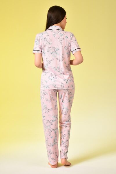 Penye Önden Düğmeli Hamile Lohusa KISA KOL PİJAMA TAKIMI PEMBE ÇİÇEK - S