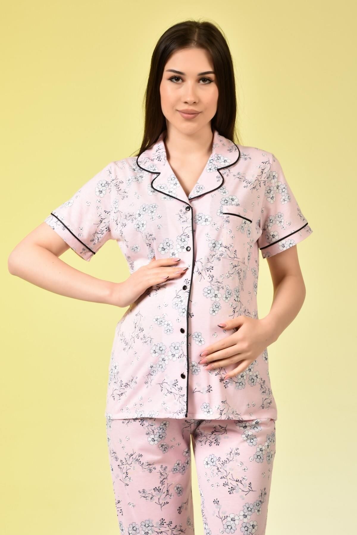 Penye Önden Düğmeli Hamile Lohusa KISA KOL PİJAMA TAKIMI PEMBE ÇİÇEK - 2XL
