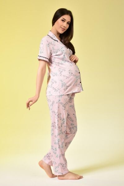Penye Önden Düğmeli Hamile Lohusa KISA KOL PİJAMA TAKIMI PEMBE ÇİÇEK - 2XL