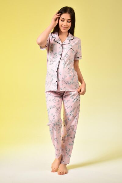 Penye Önden Düğmeli Hamile Lohusa KISA KOL PİJAMA TAKIMI PEMBE ÇİÇEK - 2XL