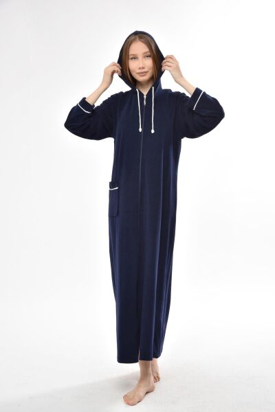 3106 Likapa Fermuarlı Uzun Kapüşonlu Havlu Elbise LACİVERT - L