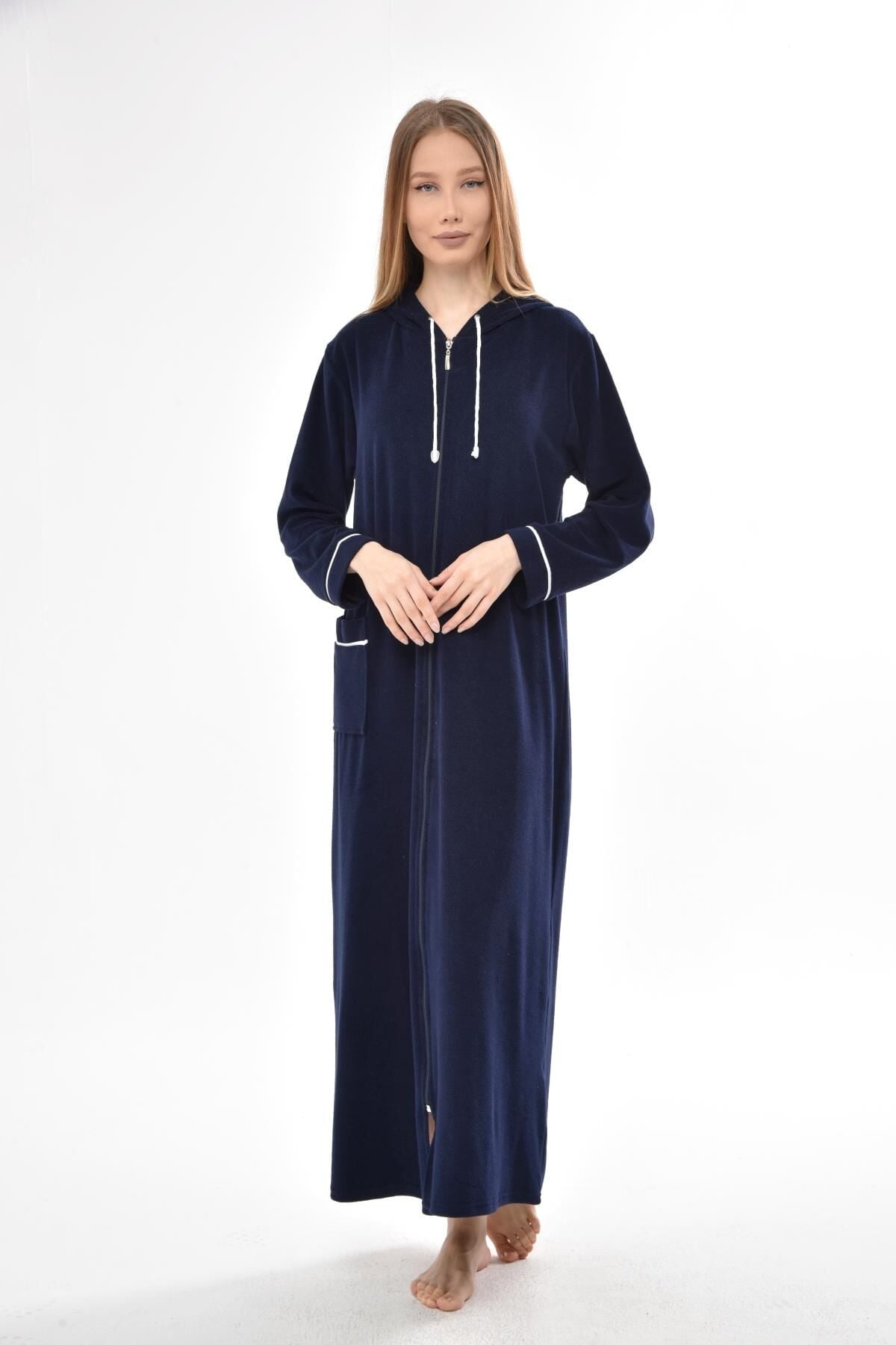 3106 Likapa Fermuarlı Uzun Kapüşonlu Havlu Elbise LACİVERT - 2XL