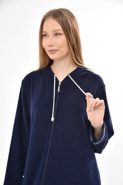 3106 Likapa Fermuarlı Uzun Kapüşonlu Havlu Elbise LACİVERT - 2XL