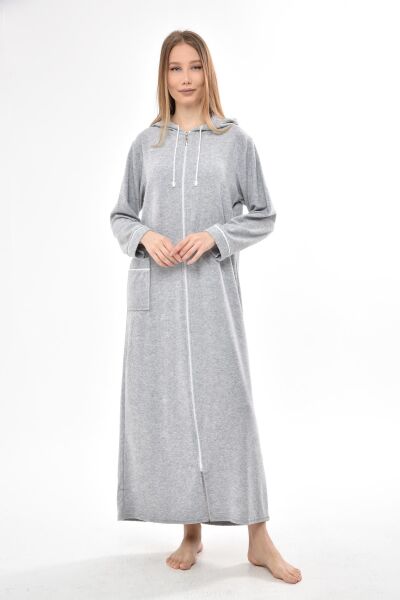 3106 Likapa Fermuarlı Uzun Kapüşonlu Havlu Elbise GRİ - XL