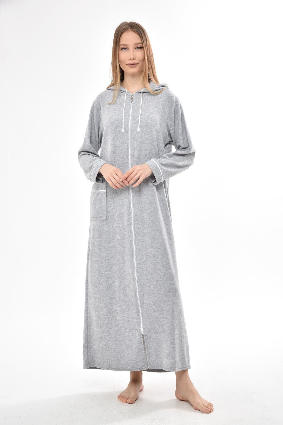 3106 Likapa Fermuarlı Uzun Kapüşonlu Havlu Elbise GRİ - 2XL