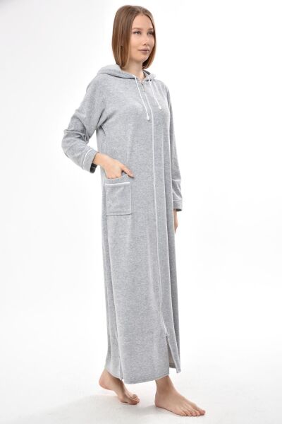 3106 Likapa Fermuarlı Uzun Kapüşonlu Havlu Elbise GRİ - 3XL