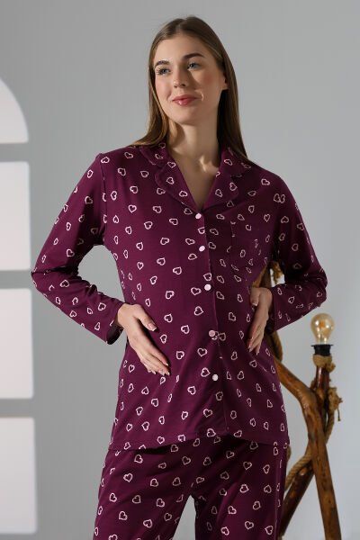 Likapa Penye Önden Düğmeli Hamile Lohusa UZUN KOL PİJAMA TAKIMI Bordo - XL