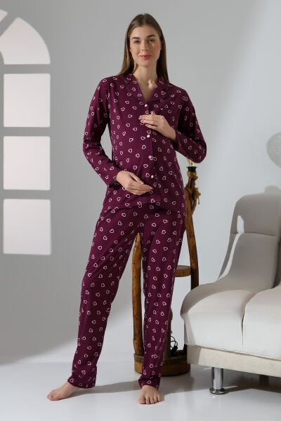 Likapa Penye Önden Düğmeli Hamile Lohusa UZUN KOL PİJAMA TAKIMI Bordo - 2XL