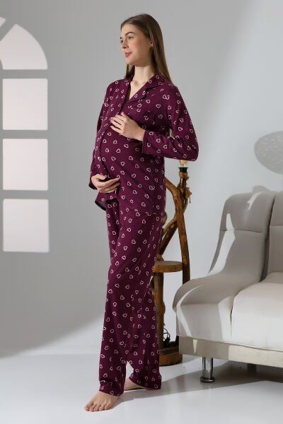 Likapa Penye Önden Düğmeli Hamile Lohusa UZUN KOL PİJAMA TAKIMI Bordo - 2XL