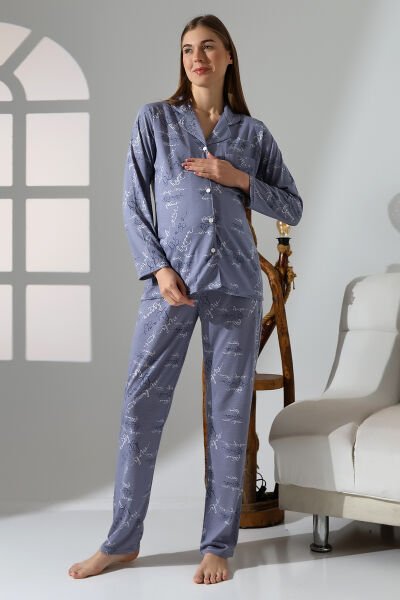 Likapa Penye Önden Düğmeli Hamile Lohusa UZUN KOL PİJAMA TAKIMI M - gri yazı baskılı