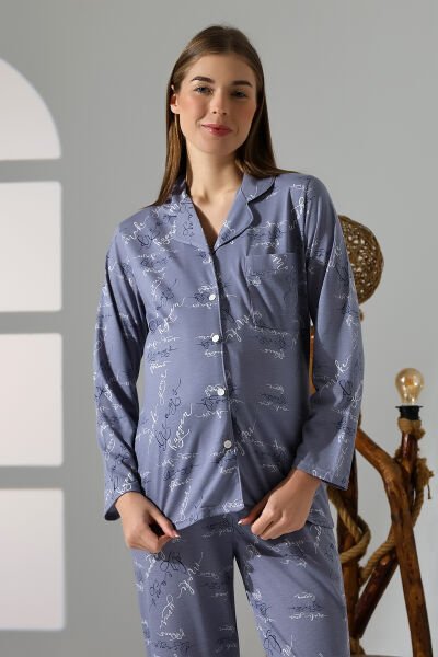 Likapa Penye Önden Düğmeli Hamile Lohusa UZUN KOL PİJAMA TAKIMI L - gri yazı baskılı