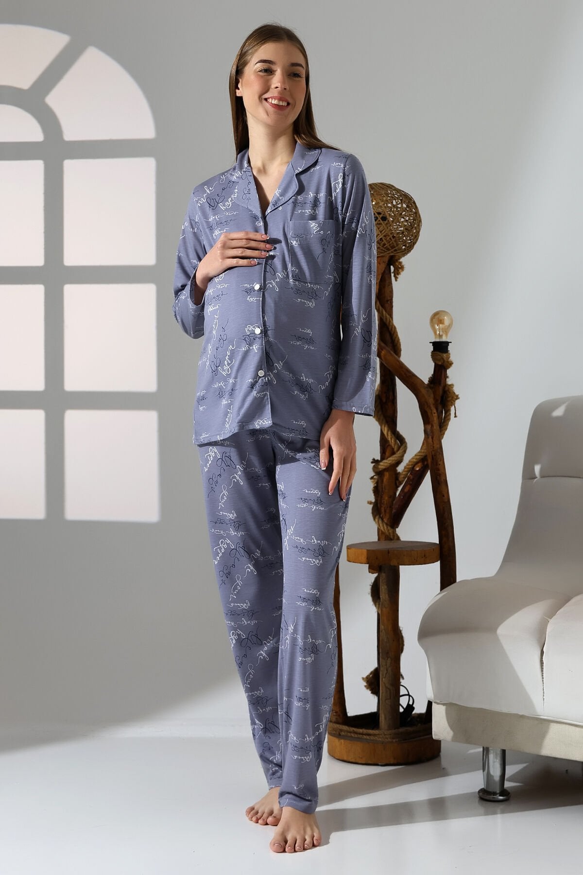 Likapa Penye Önden Düğmeli Hamile Lohusa UZUN KOL PİJAMA TAKIMI 2XL - gri yazı baskılı