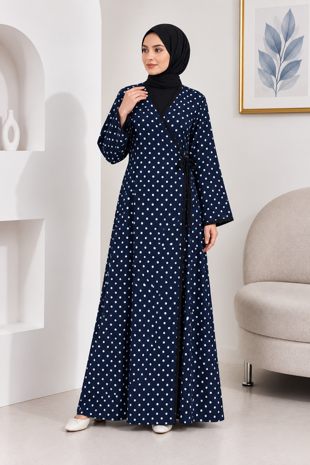 2001-01 Likapa Viskon Namaz Elbisesi 3 - Lacivert Beyaz Puantiyeli