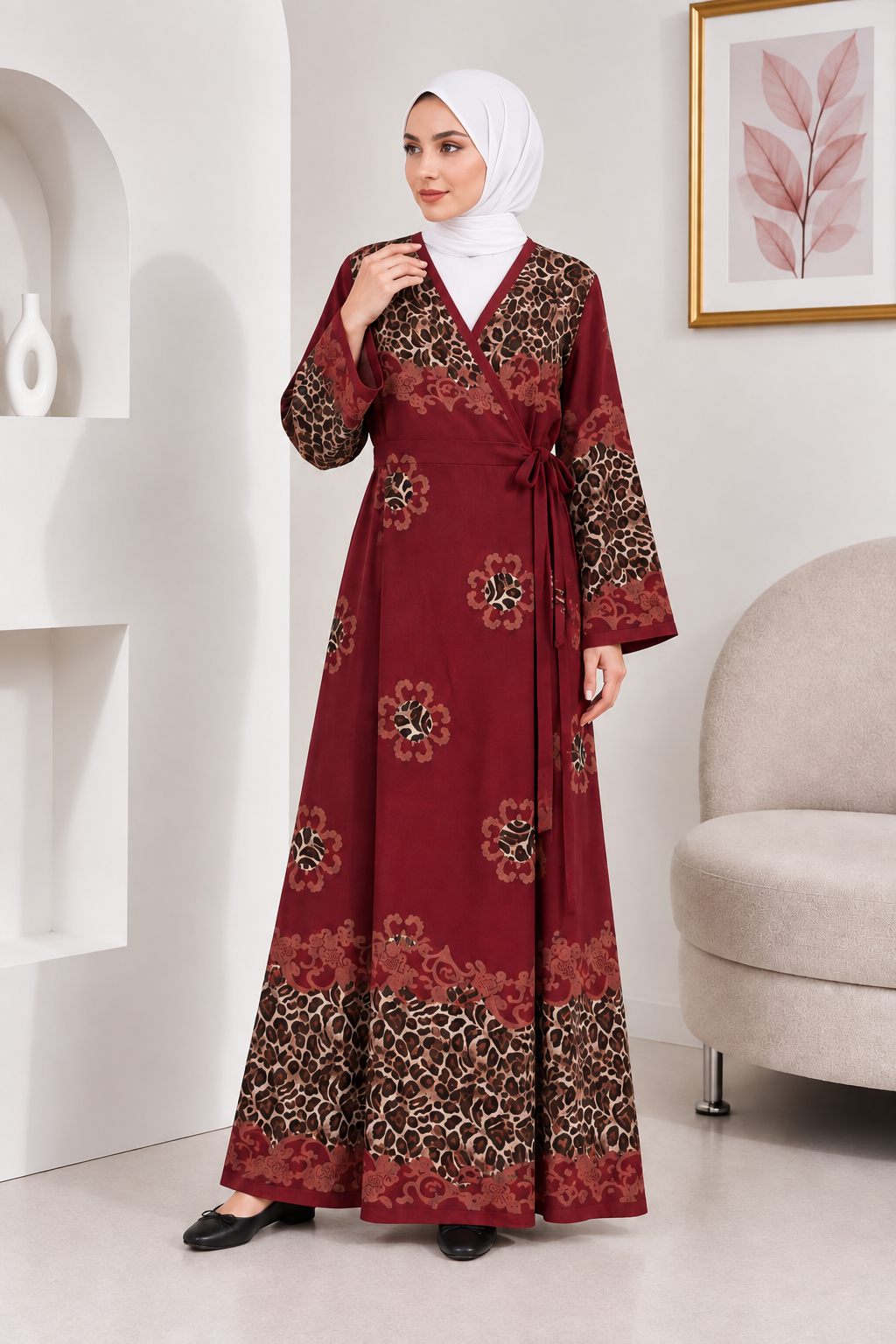 2001-01 Likapa Viskon Namaz Elbisesi 2 - Bordo Kahve Leopar Desen