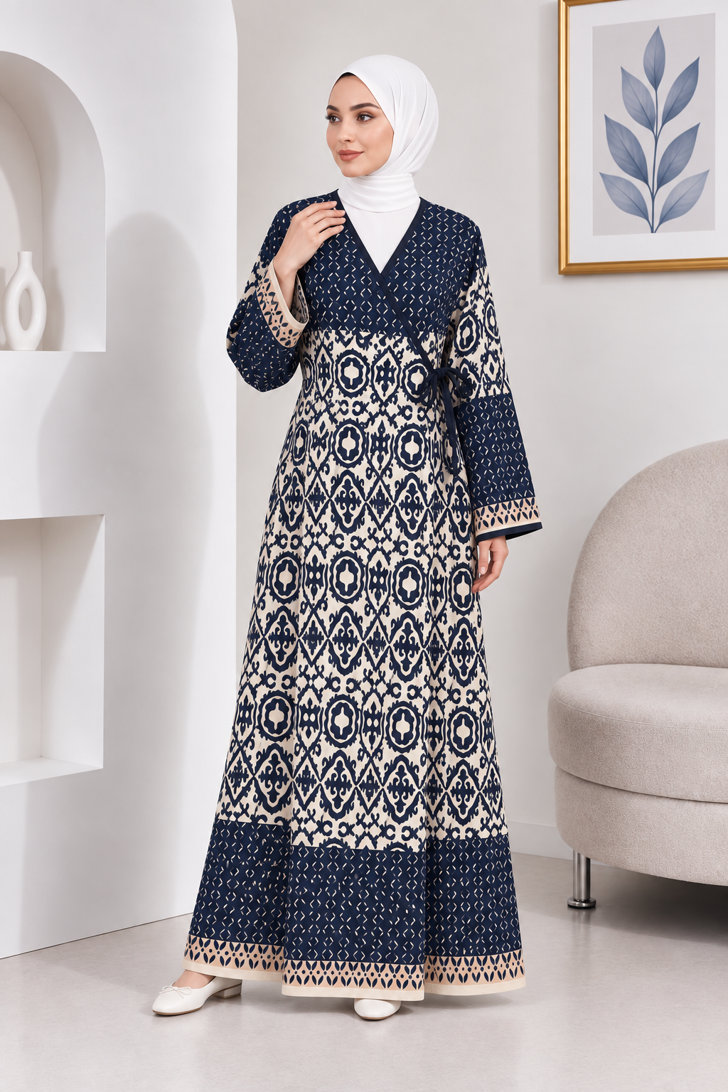 2001-01 Likapa Viskon Namaz Elbisesi 1 - Lacivert Desenli Eteği Sulu