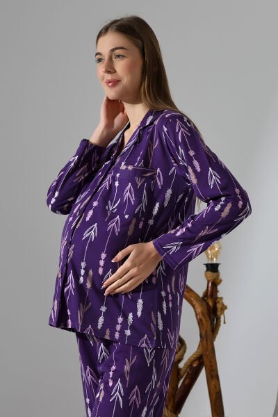 Likapa Penye Önden Düğmeli Hamile Lohusa UZUN KOL PİJAMA TAKIMI Mor - L