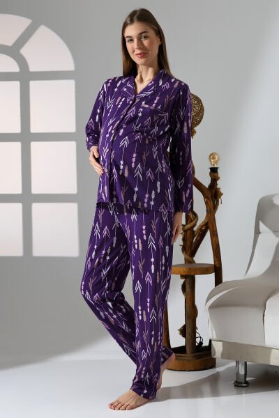 Likapa Penye Önden Düğmeli Hamile Lohusa UZUN KOL PİJAMA TAKIMI Mor - XL