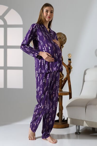 Likapa Penye Önden Düğmeli Hamile Lohusa UZUN KOL PİJAMA TAKIMI Mor - 2XL
