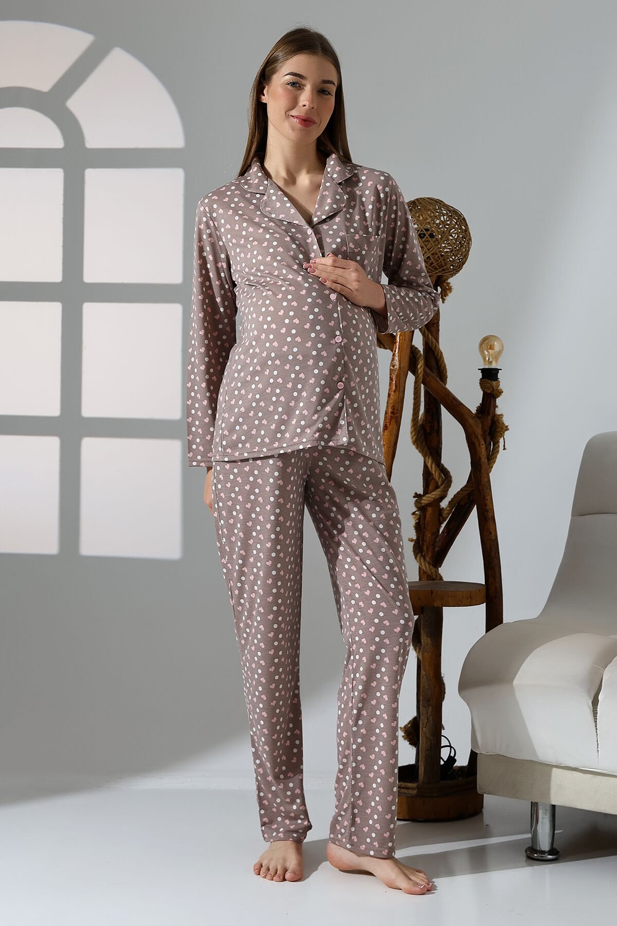 Likapa Penye Önden Düğmeli Hamile Lohusa UZUN KOL PİJAMA TAKIMI M - kahve karışık kalp