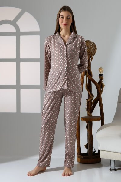 Likapa Penye Önden Düğmeli Hamile Lohusa UZUN KOL PİJAMA TAKIMI M - kahve karışık kalp