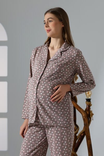 Likapa Penye Önden Düğmeli Hamile Lohusa UZUN KOL PİJAMA TAKIMI M - kahve karışık kalp