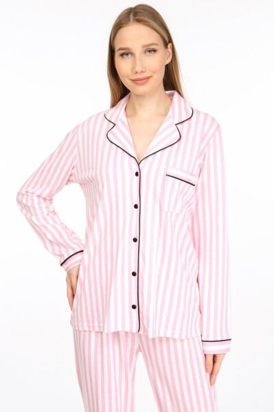 Likapa Penye Uzun Kol Pijama Takımı 001352-05 PEMBE ÇİZGİLİ - M