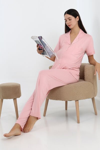 Likapa Önden Düğmeli Hamile Lohusa KISA KOL PİJAMA TAKIMI Pembe - L
