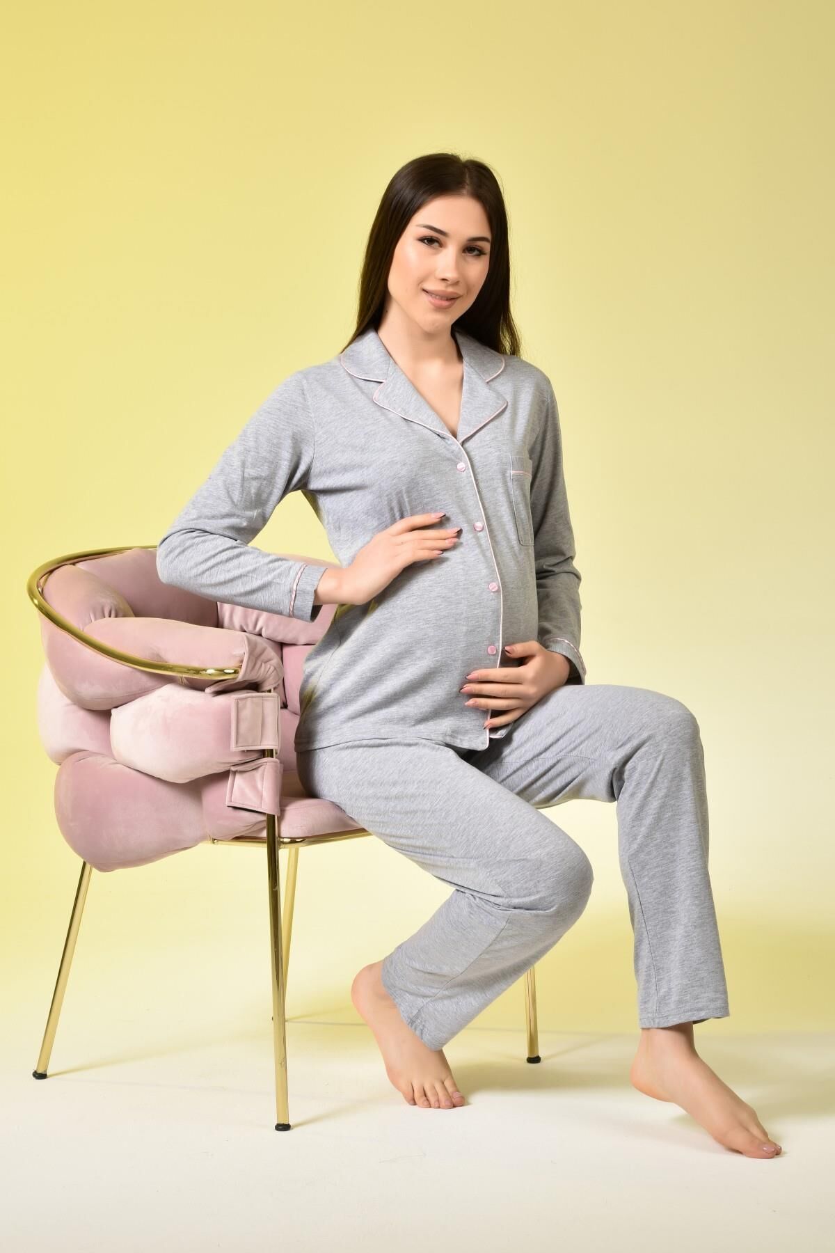 Likapa Penye Önden Düğmeli Hamile Lohusa UZUN KOL PİJAMA TAKIMI GRİ - M
