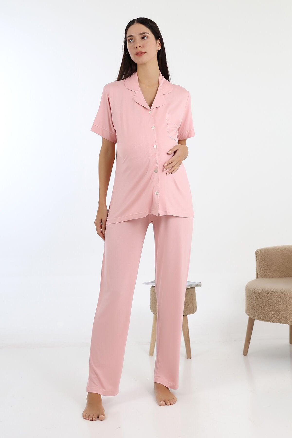 Likapa Önden Düğmeli Hamile Lohusa KISA KOL PİJAMA TAKIMI Pembe - 2XL