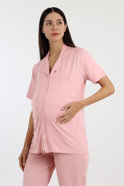 Likapa Önden Düğmeli Hamile Lohusa KISA KOL PİJAMA TAKIMI Pembe - 2XL