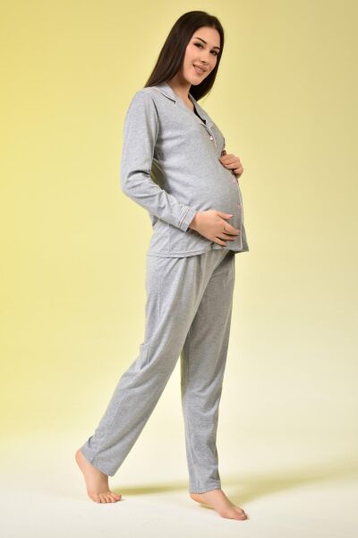 Likapa Penye Önden Düğmeli Hamile Lohusa UZUN KOL PİJAMA TAKIMI GRİ - 2XL