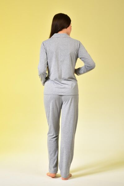 Likapa Penye Önden Düğmeli Hamile Lohusa UZUN KOL PİJAMA TAKIMI GRİ - 2XL